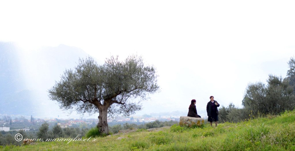 Jehny and my Mother Trisevgeni - but we call Her “Soula” on an ancient rock near our groves at the Ancient theater. Sparta and Taigetos are at the back