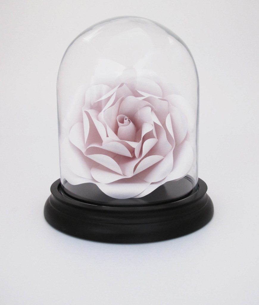4-PAPER ROSE IN SMALL GLASS DOME IN  WHITE GOLD BY ALSO IN AVAILABLE IN PINK, LILAC AND RED. Represented at London Craft Week by Crafted.